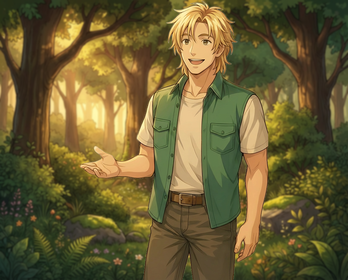 Atomic Critters Stories | Renji is smiling and gesturing with his right hand. The background shows a small bridge, a sign that reads "Sunrise Sanctuary," trees, chickens, a horse, and farm sheds in a lush, green setting with colorful flowers.