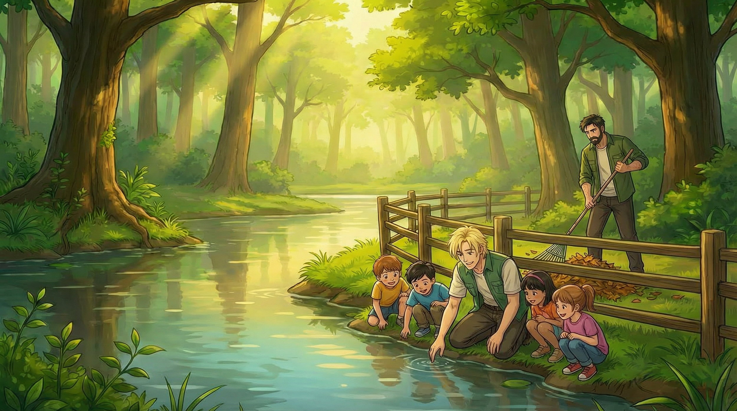 Atomic Critter Graphic Novel | Sunrise Sanctuary Renji and Kagen by the River with Children