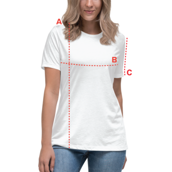 A woman wearing a white T-shirt and blue jeans, with red dotted lines indicating measurements.