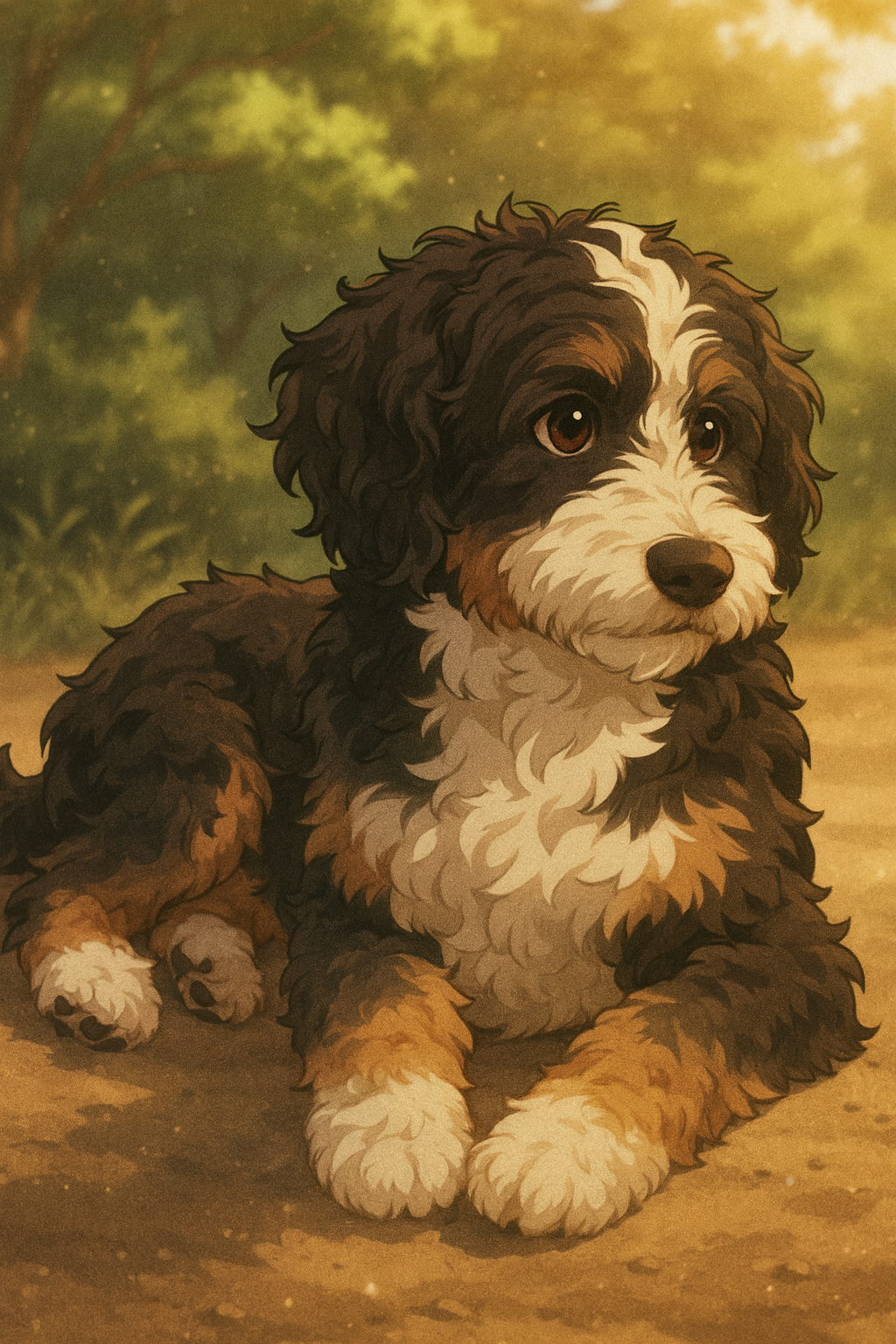 Atomic Critters Stories | Coop, digital painting of a cute, fluffy, black, brown, and white puppy lying on the ground outdoors, with lush green trees in the background.