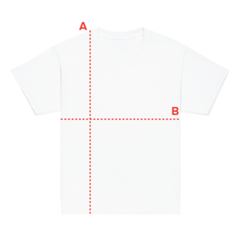 White T-shirt with red measurement lines labeled A and B
