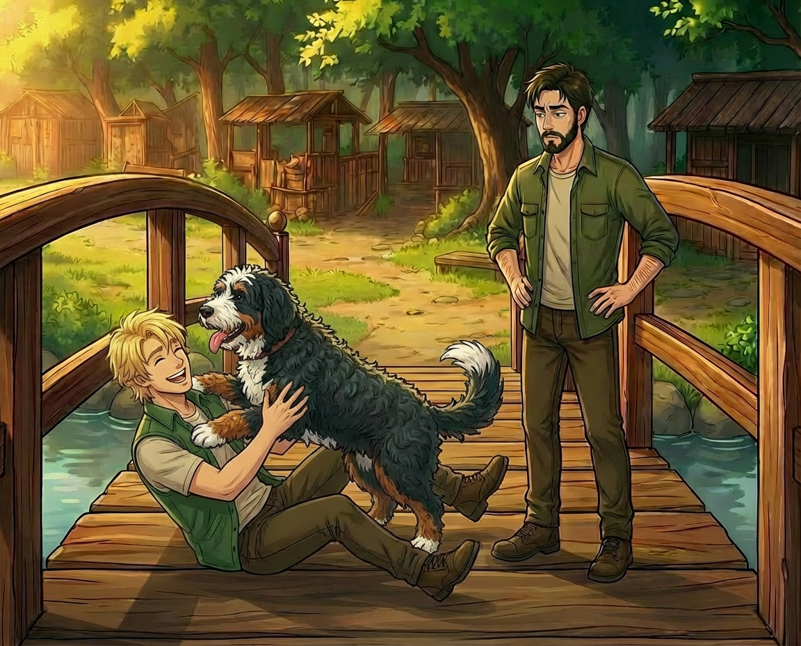 Atomic Critter Graphic Novel | Sunrise Sanctuary The Bridge | Coop knocks over Renji excited and playful. Kagen watches and looks annoyed