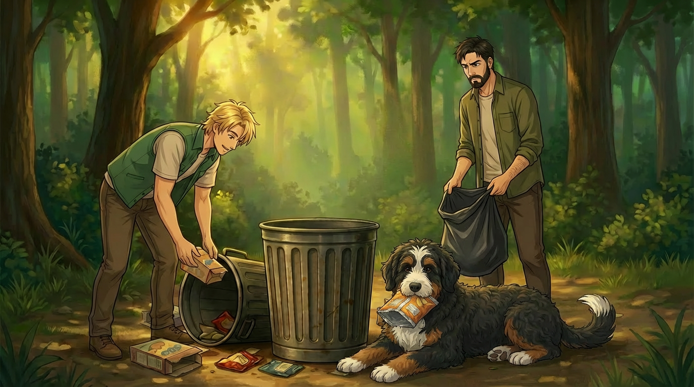 Atomic Critter Graphic Novel | Sunrise Sanctuary Trail with Coop eating trash while Renji and Kagen clean up the trash
