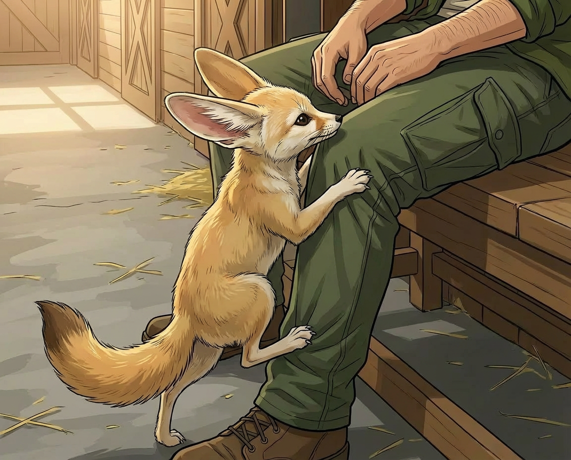 Atomic Critter Graphic Novel | Sunrise Sanctuary Cheeseball climbing Kagen's leg