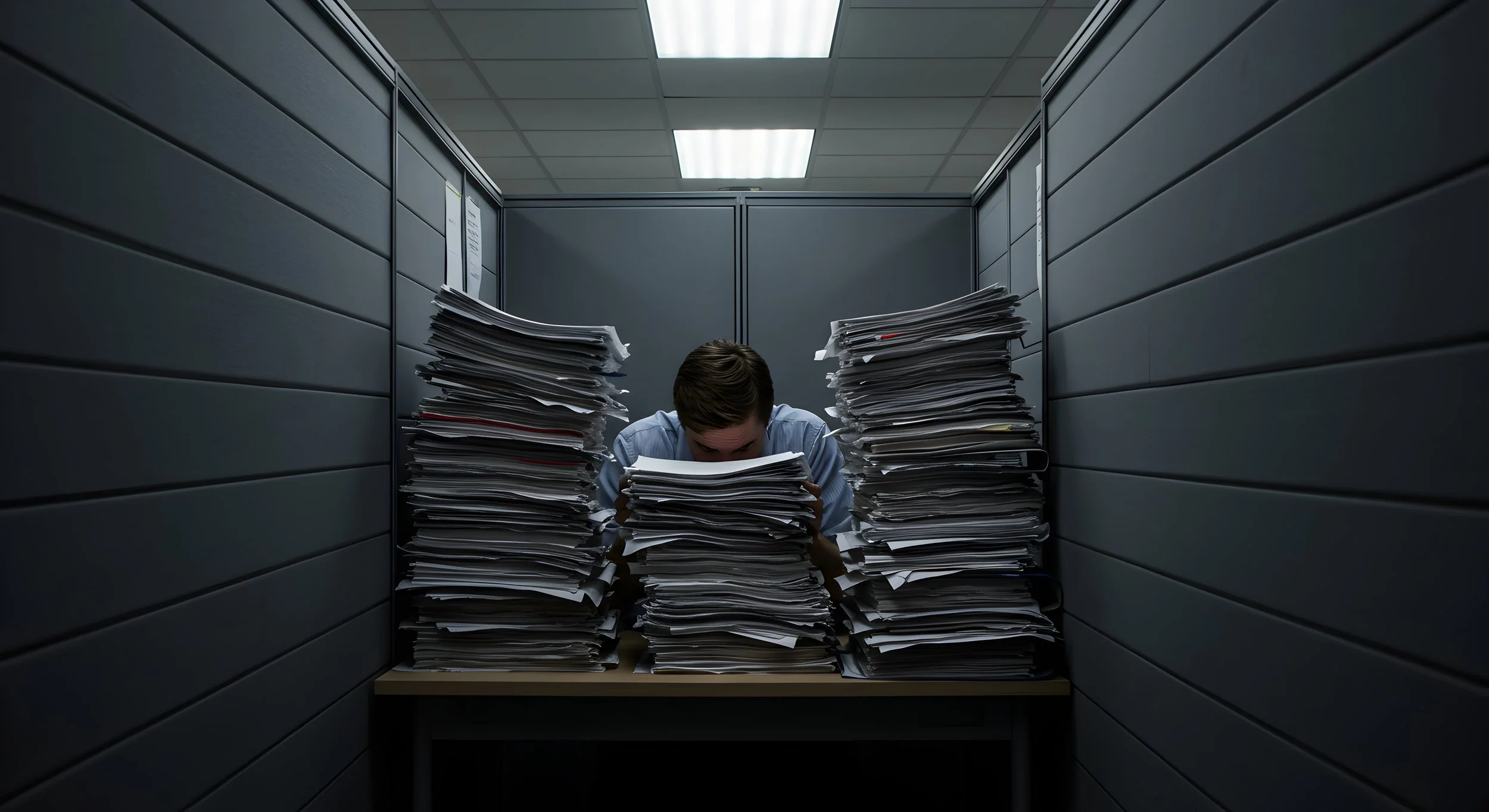 A man sitting at a desk overwhelmed with stacks of papers in a small, gray, windowless office cubicle.