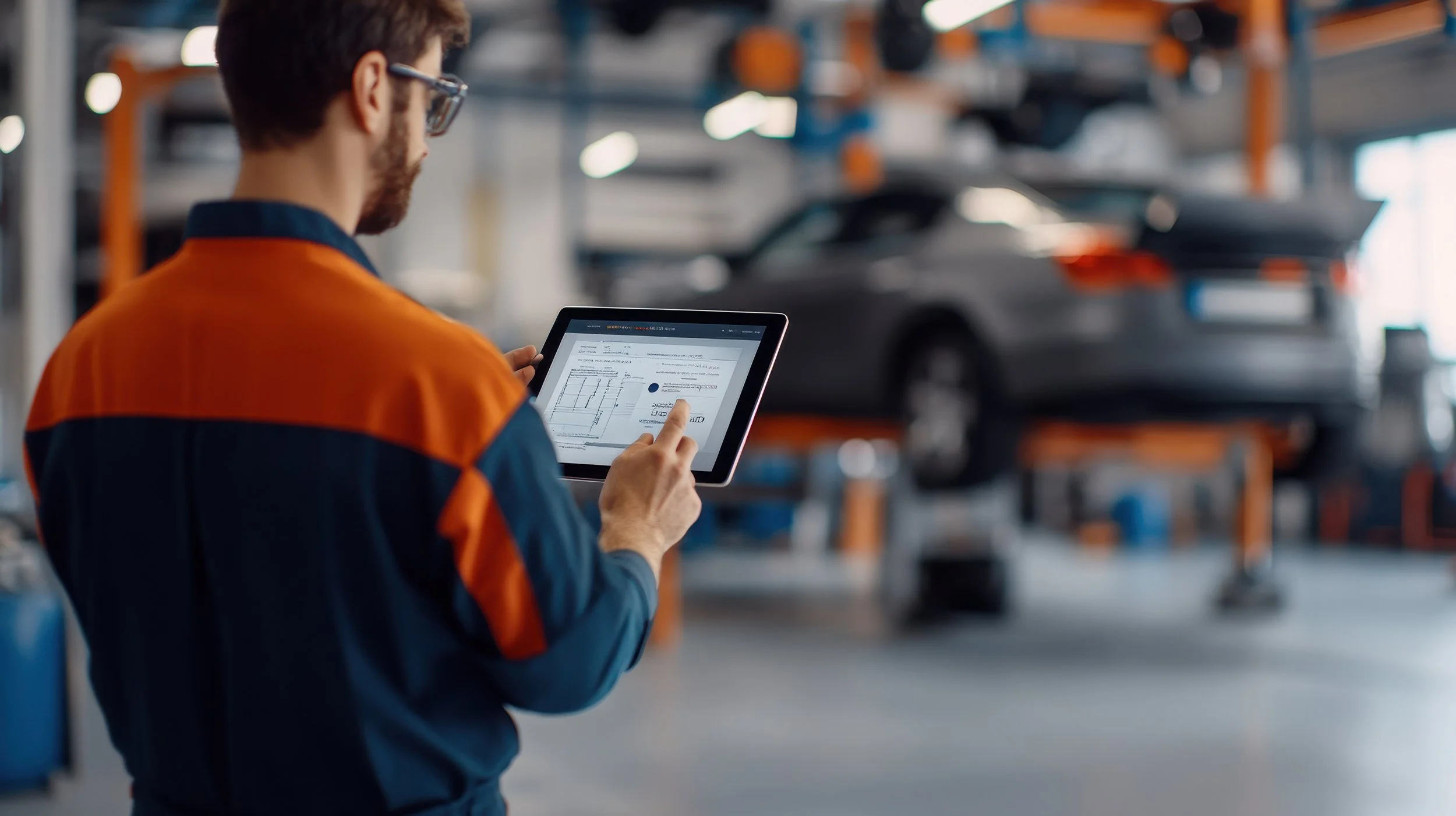 An automotive technician in a blue and orange uniform using a tablet device in a car repair shop, with a car on a lift in the background.