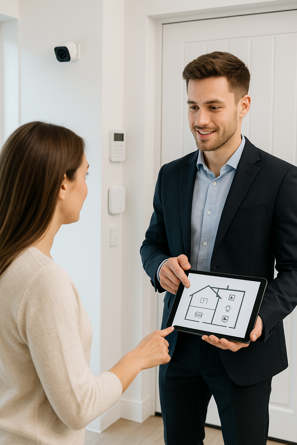 Ein junger, moderner Mann stellt einer Frau ihr neues Sicherheitskonzept für ihr Haus vor. #Selbstverteidigung #defendyou #sichereszuhause #Sicherheit #Sicherheitskonzepte #Selbstbestimmung #empowerment