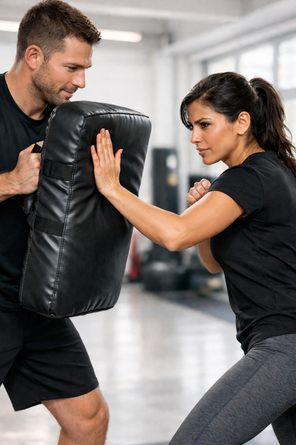 Eine junge Frau und ein sportlicher Trainer trainieren Abwehrtechniken im Bereich Selbstverteidigung. #Selbstverteidigung #defendyou #PersonalTraining #Sicherheit #Selbstverteidigungfuerfrauen #Selbstbestimmung #empowerment