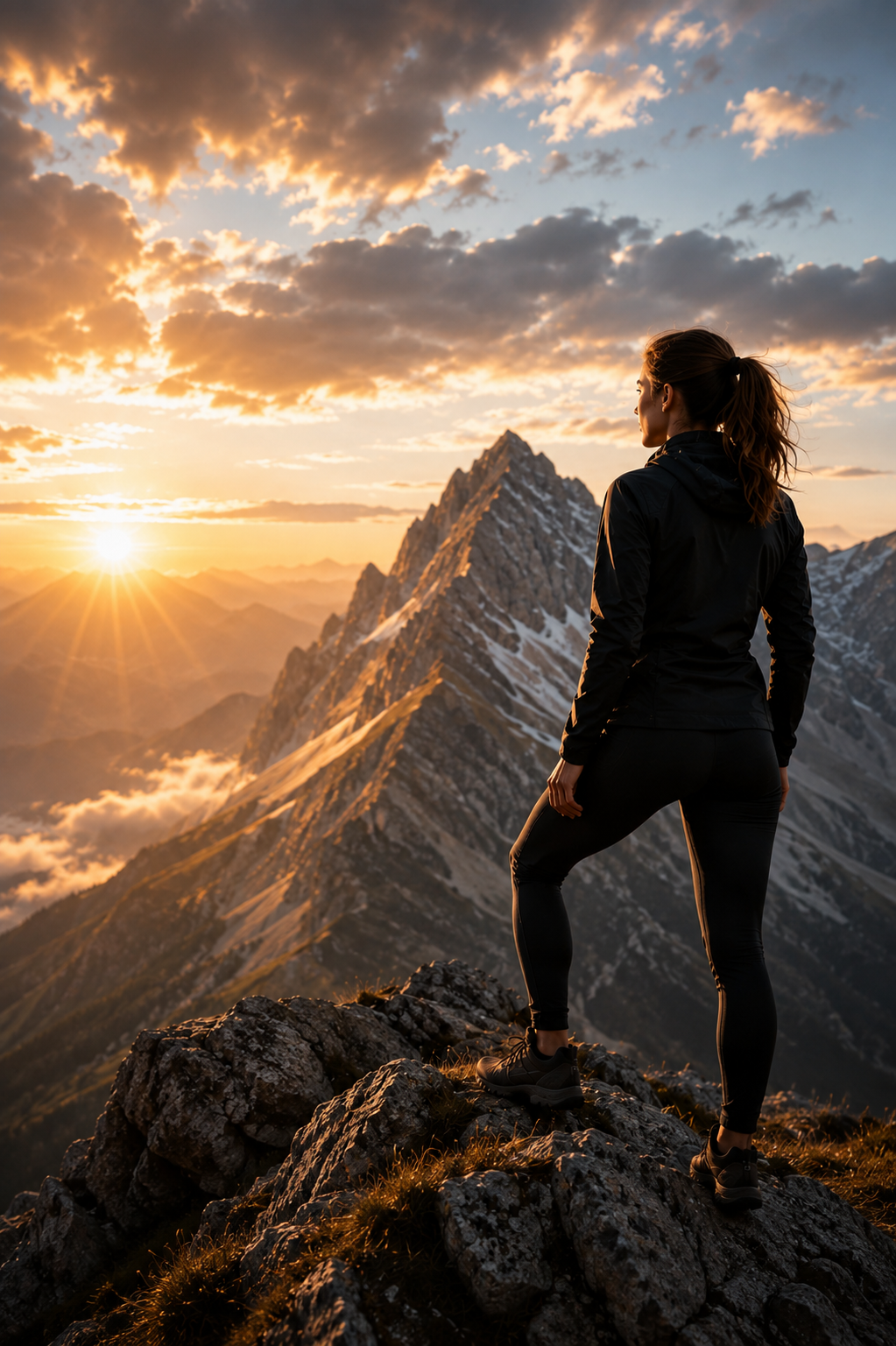 Eine Frau steht auf einem Felsen in den Bergen bei Sonnenuntergang, Blick auf schneebedeckte Berggipfel und Wolken im Himmel.