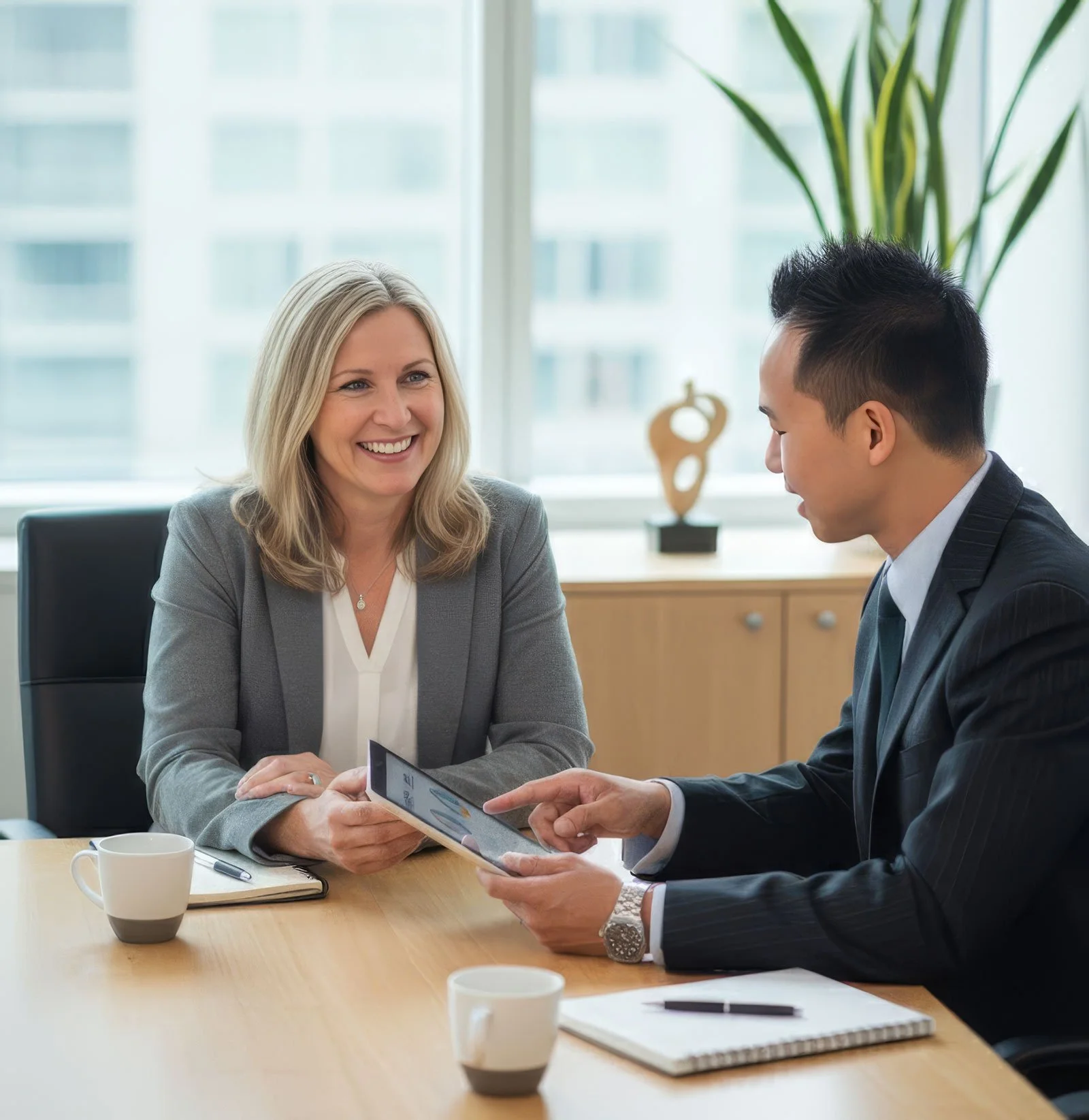 Two business professionals, a woman with blonde hair in a gray blazer and a man with black hair in a dark suit, are having a meeting in an office. The woman is smiling while looking at a tablet the man is holding. The office has large windows, a wooden cabinet with a sculpture, potted plant, notebooks, pens, and coffee mugs on the table.