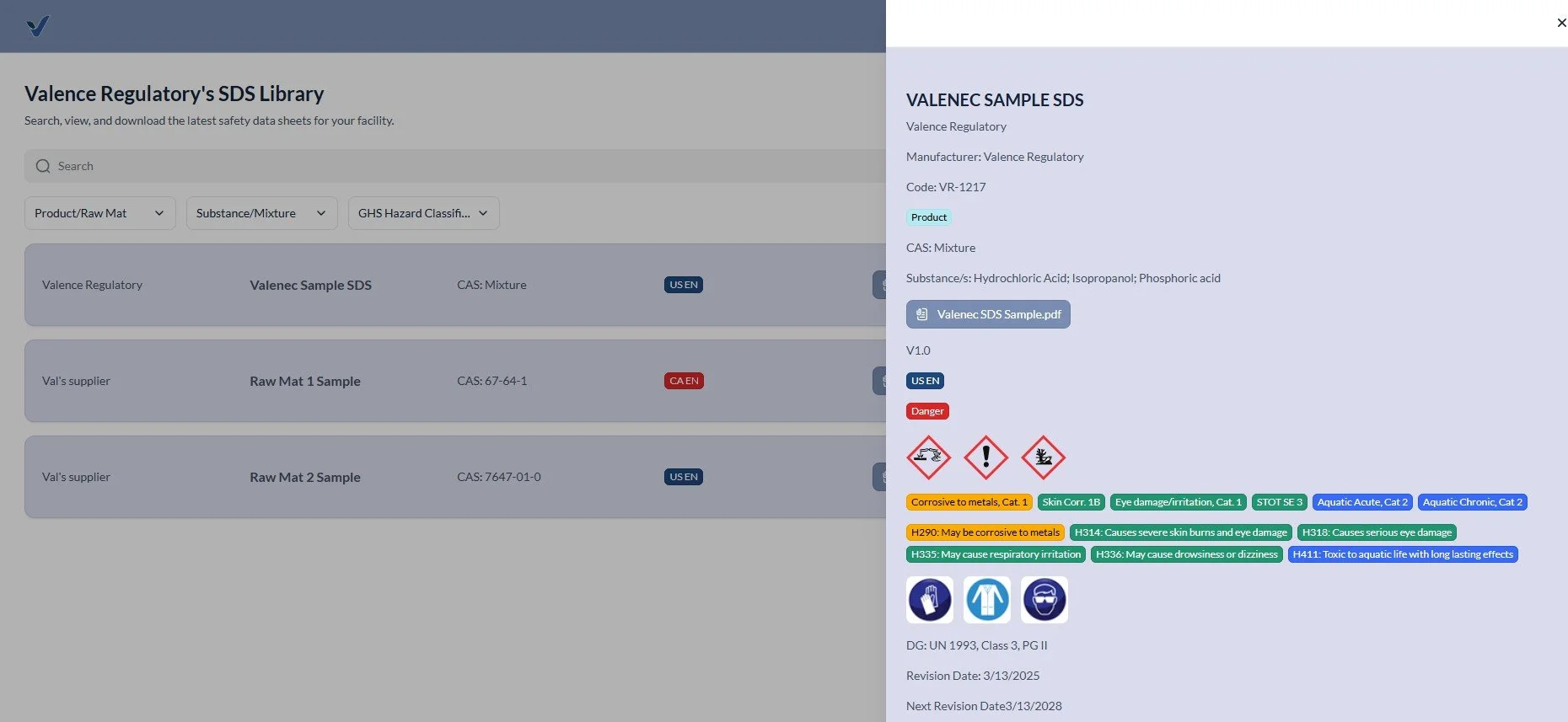 Mobile view of Valence Regulatory SDS management library showing GHS hazards