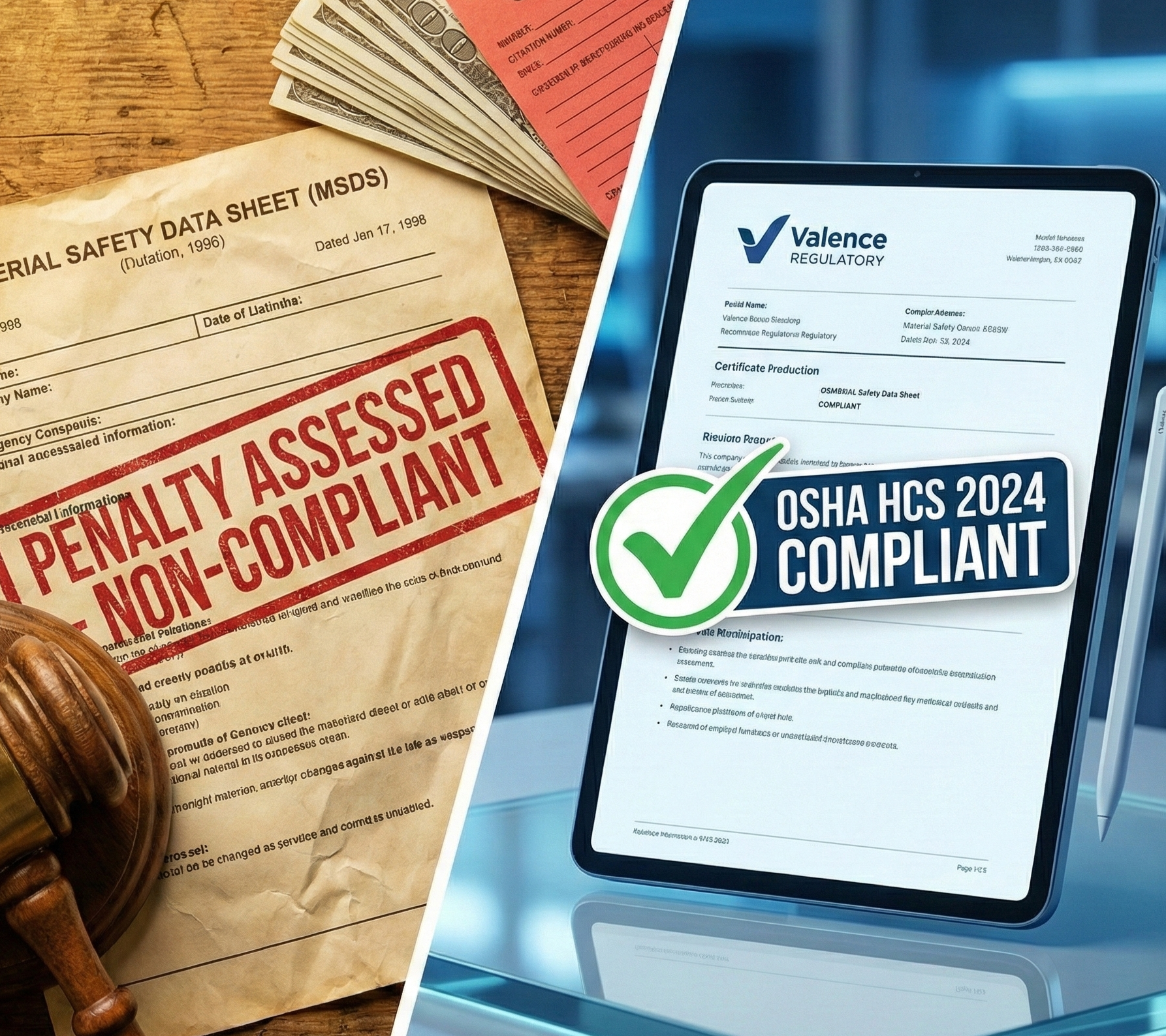 Comparison of a compliant Valence Regulatory SDS label versus an outdated format. Example of how to label Chemicals Under Pressure correctly to prevent $16,550 OSHA citations and shipping rejections.