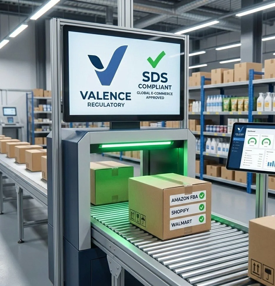 A parcel scanner in a warehouse with labels indicating compliance with VALENCE and SDS standards, with a box on the conveyor belt labeled for Amazon FBA, Shopify, and Walmart.