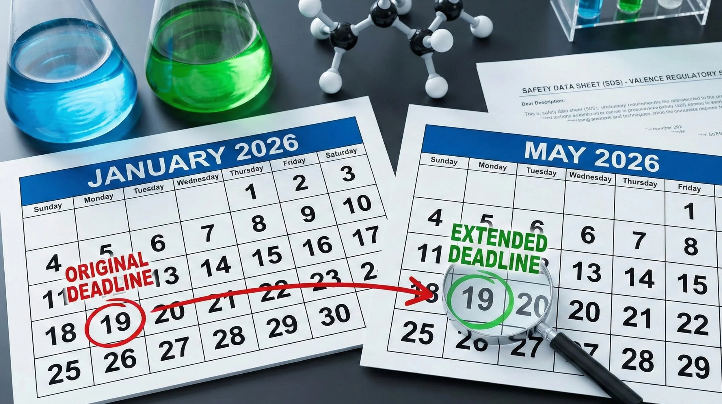 Calendar showing OSHA HCS 2024 deadline extension to May 19 2026