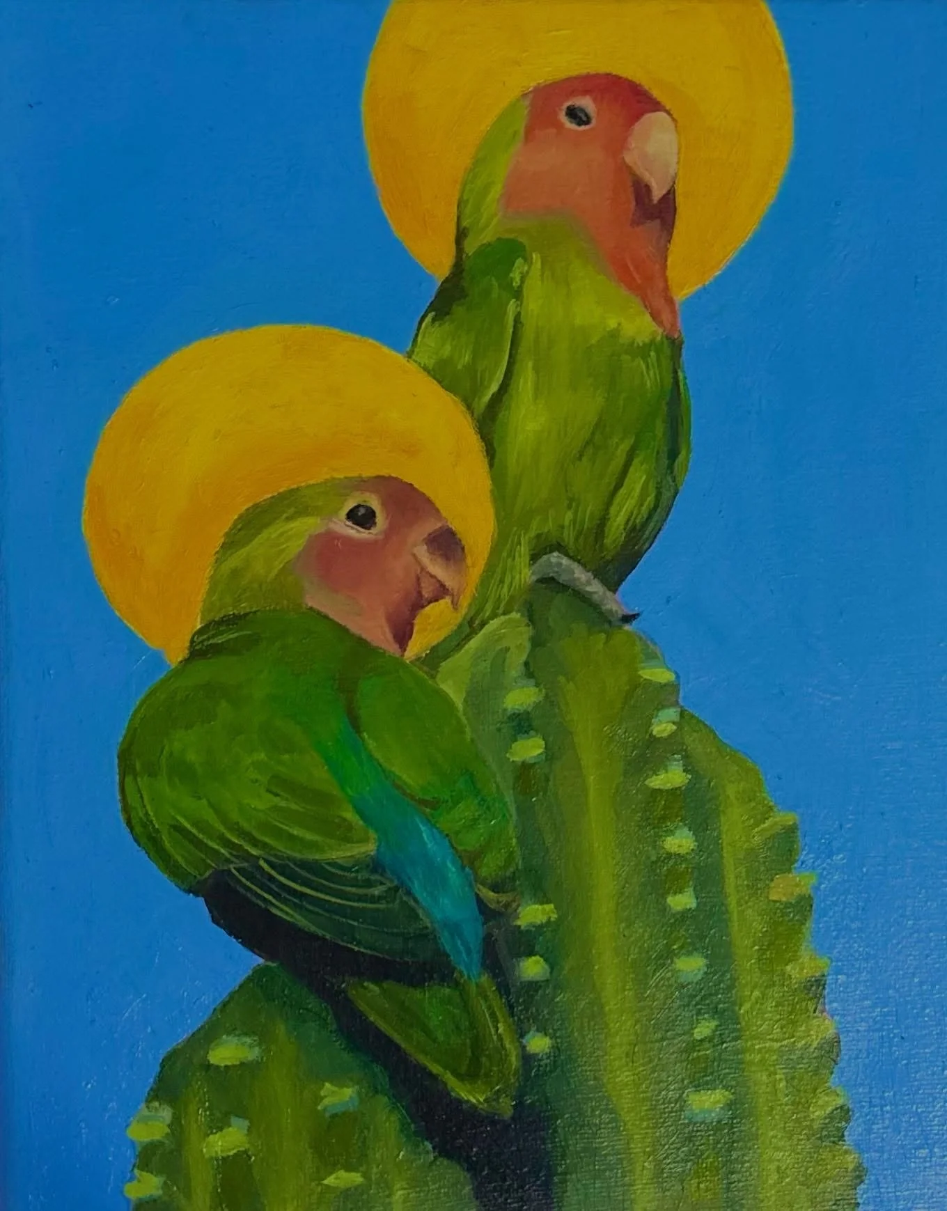 &ldquo;Love Birds&rdquo; Oil on canvas 

lovebirds are known to make life  long partnerships with there love, often coming depressed when separated, or when their partner dies. 

I will believe just something so sweet holy  and wholesome and I painte