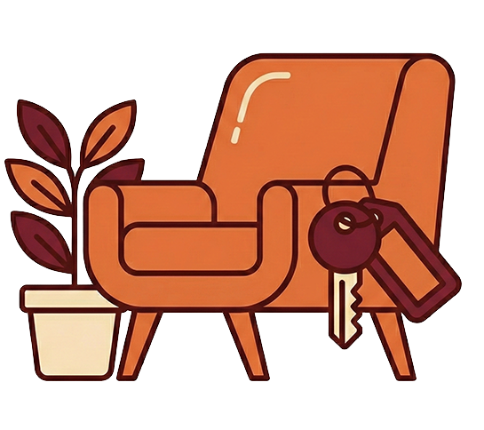 Illustration of an orange armchair with a set of keys hanging from its armrest. Next to the chair is a potted plant with dark red and orange leaves.