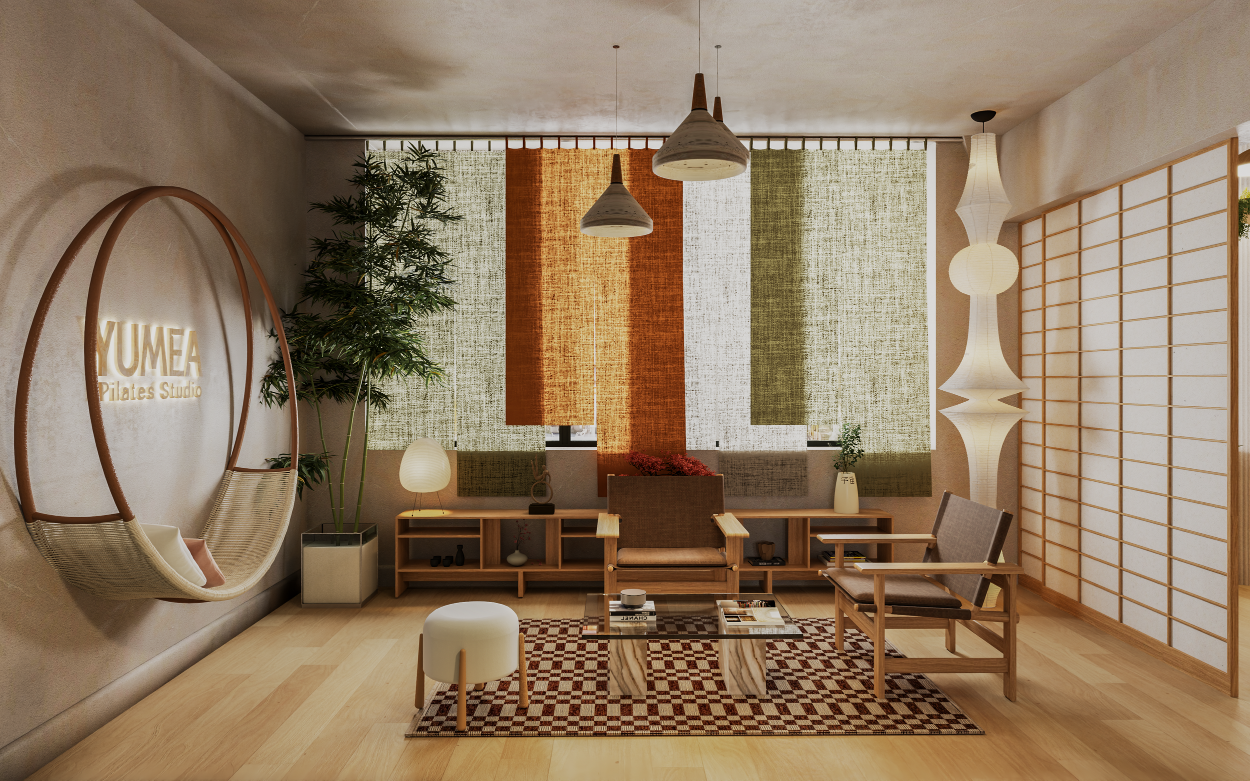 Design neuro-architecture pour le studio de pilates Yumea : espace détente zen avec fauteuil suspendu, panneaux textiles et ambiance Japandi apaisante