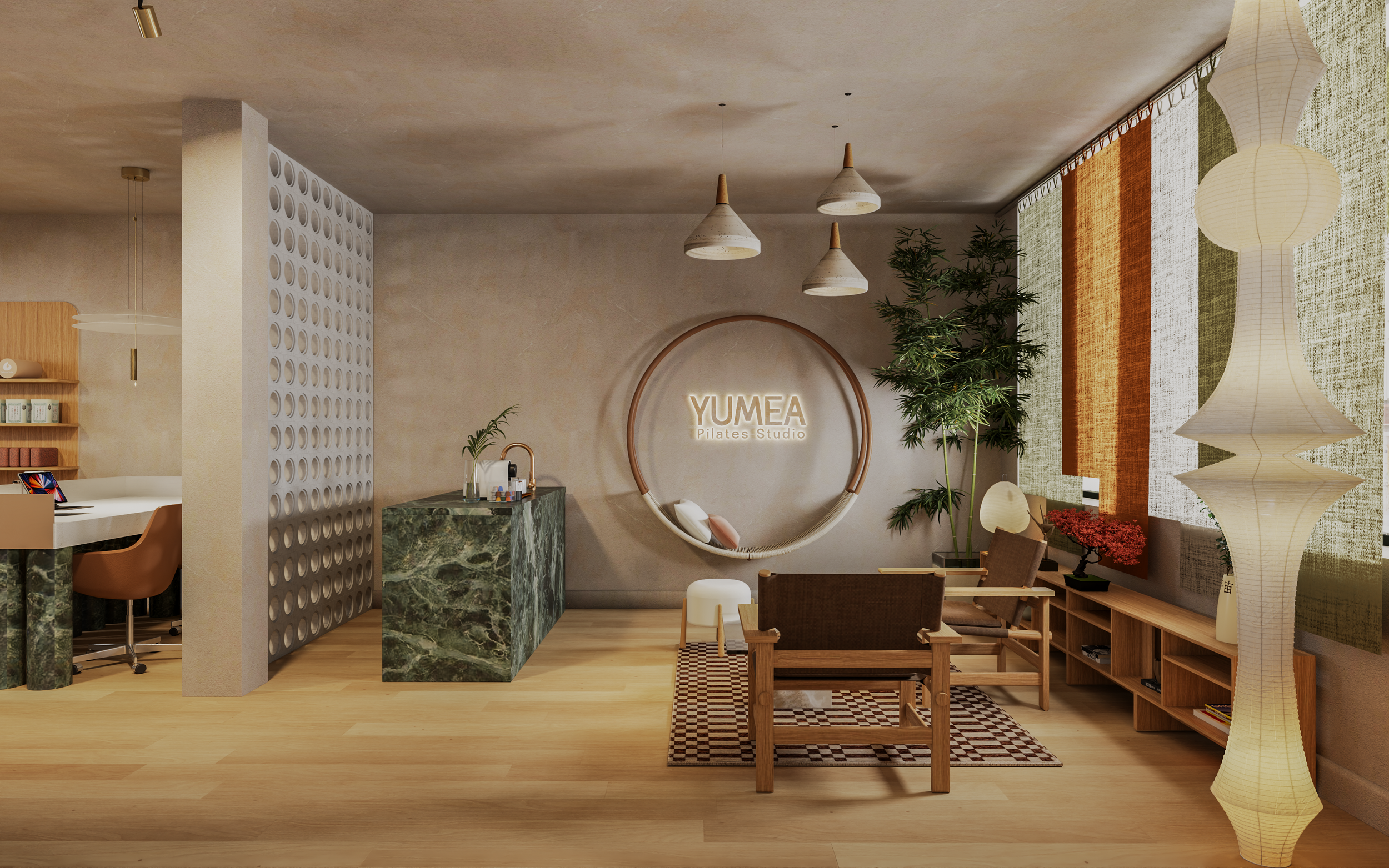 Entrée du studio Pilates et Yoga : logo mural lumineux et comptoir en marbre vert, ambiance zen. Pilates and Yoga Studio entrance: illuminated wall logo and green marble counter, zen atmosphere.