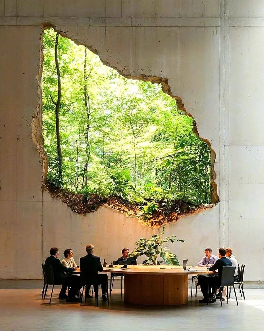Businesspeople are having a meeting in a room with a large wall that has a natural landscape view of green trees through a hole.