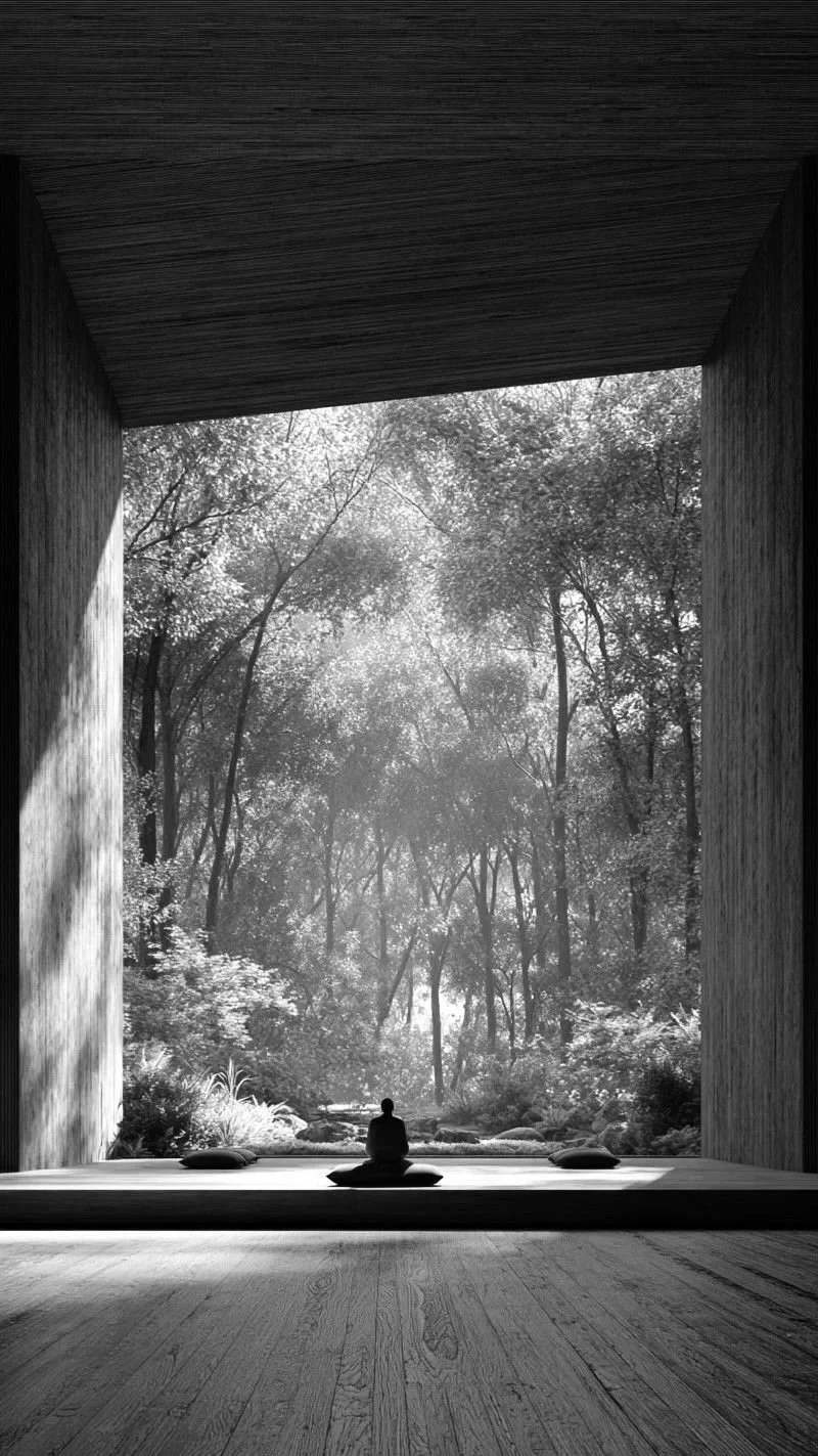 A person meditating in a modern open space with a view of a forest in black and white.