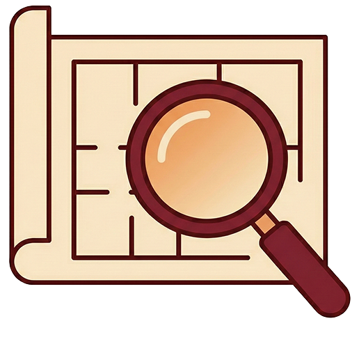 A magnifying glass over a blueprint or map.