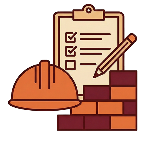 Illustration of a construction helmet, a checklist on a clipboard, a pencil, and bricks, representing construction planning and building.