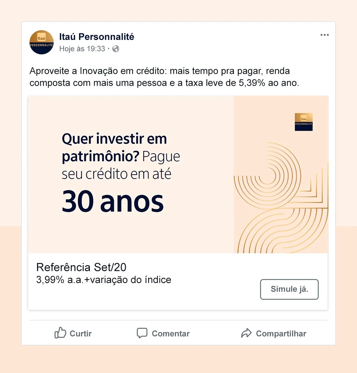 Anúncio de oferta de crédito do Itaú Personnalité, destacando a possibilidade de pagar seu crédito em até 30 anos com taxa de 3,99% ao ano, e incentivo à inovação em crédito com mais tempo para pagar e renda composta por mais uma pessoa.