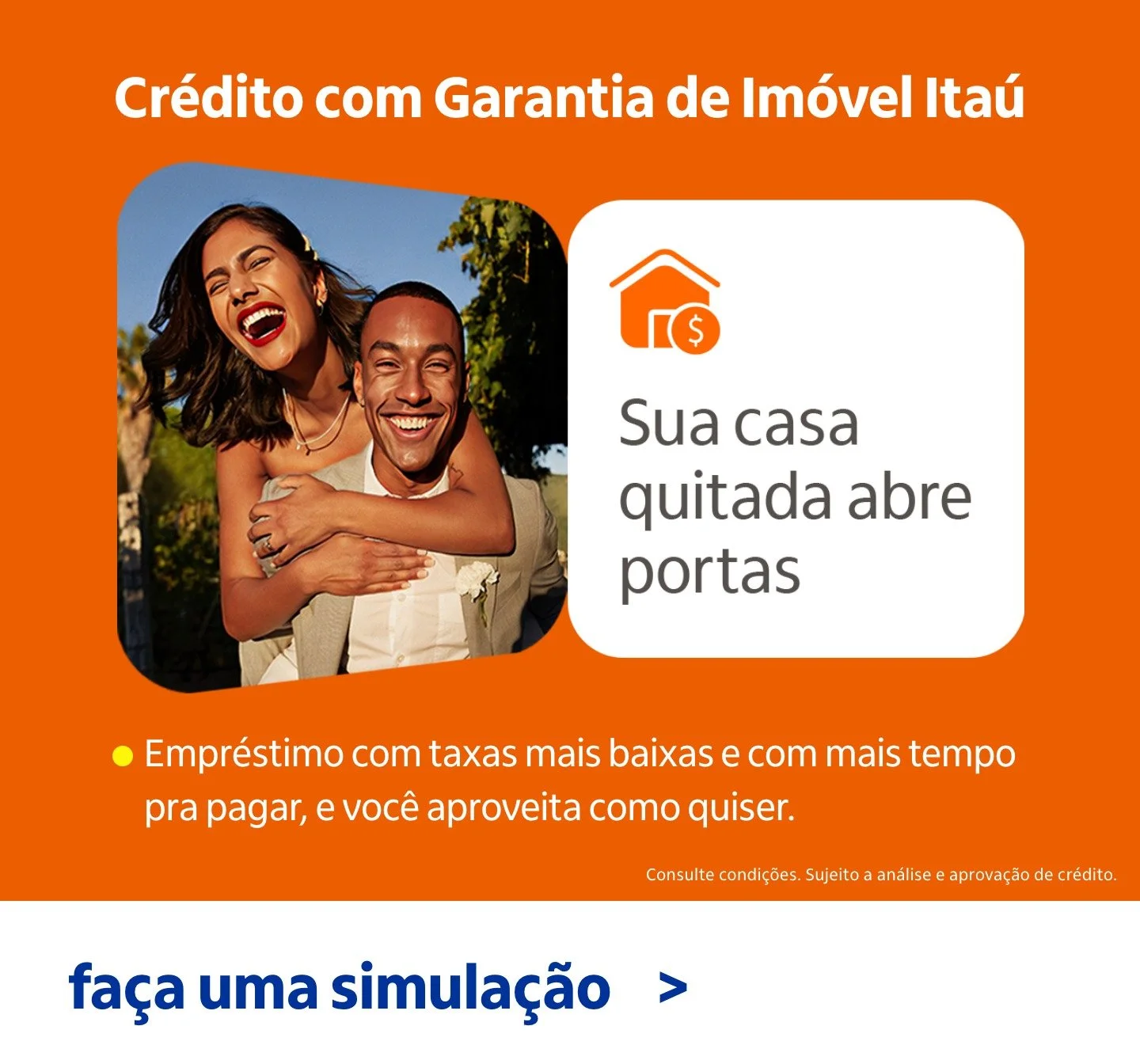 Imagem de um anúncio de crédito com garantia de imóvel do Itaú, com uma foto de um casal sorridente e feliz, e texto promovendo empréstimo com taxas baixas e maior prazo de pagamento.