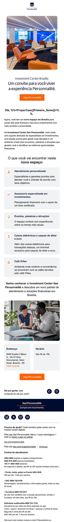 Imagem de uma sala de atendimento no Investment Center Brasília com móveis confortáveis, iluminação moderna e decoração em tons neutros, promovendo um ambiente acolhedor para clientes.