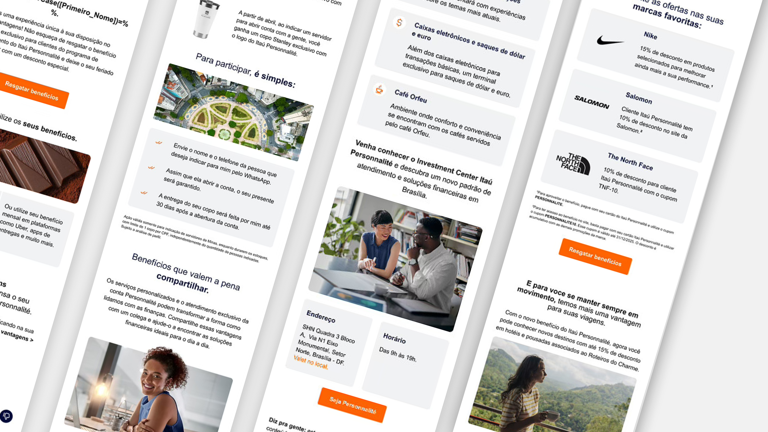 Captura de tela de uma página de um site de benefícios e investimentos do Itaú, com texto, imagens de pessoas e ofertas de descontos de marcas como Nike, Salomon e The North Face.
