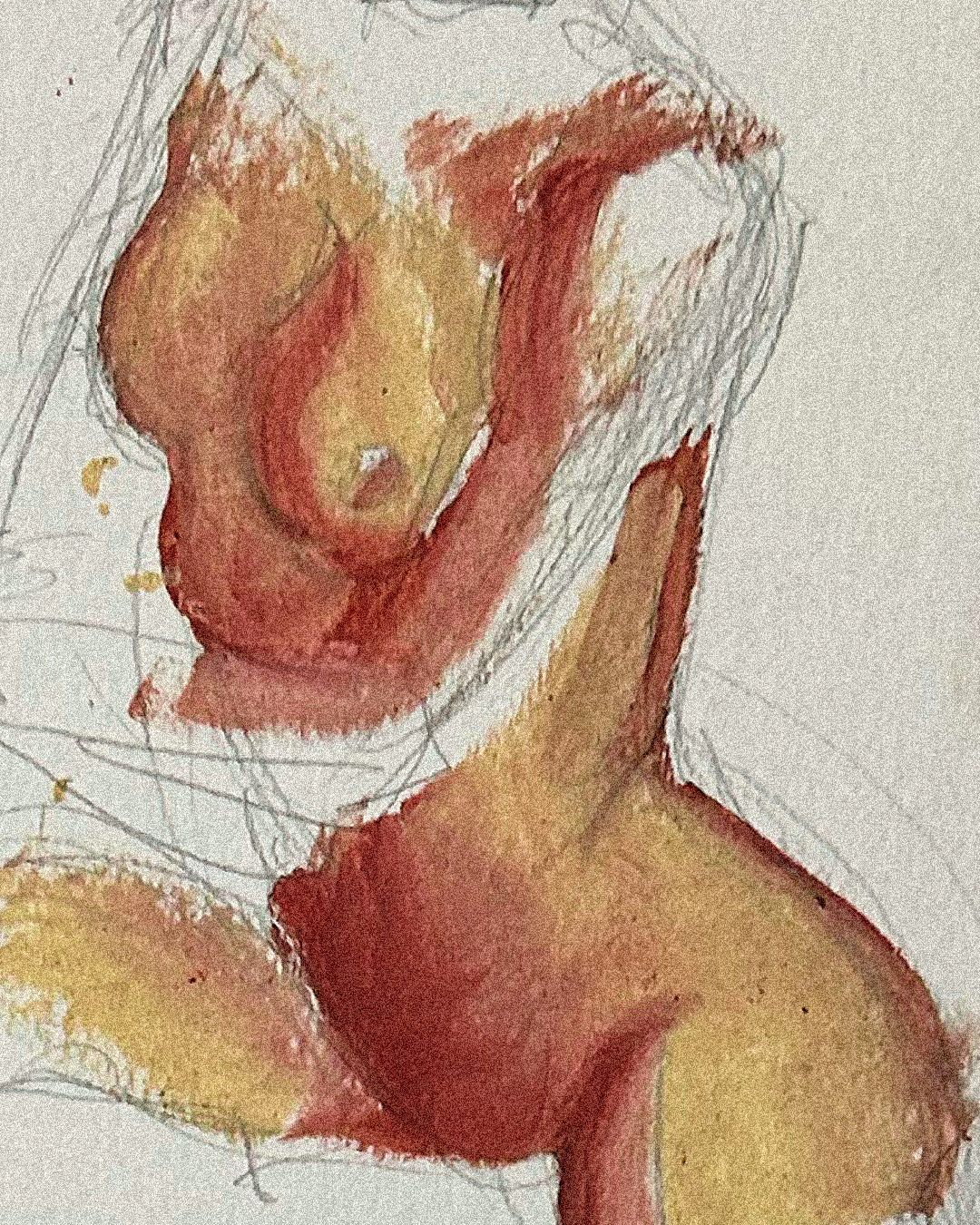 Desenho artístico de mulher, de costas, com os braços levantados e cabelo comprido, feito com aquarela
