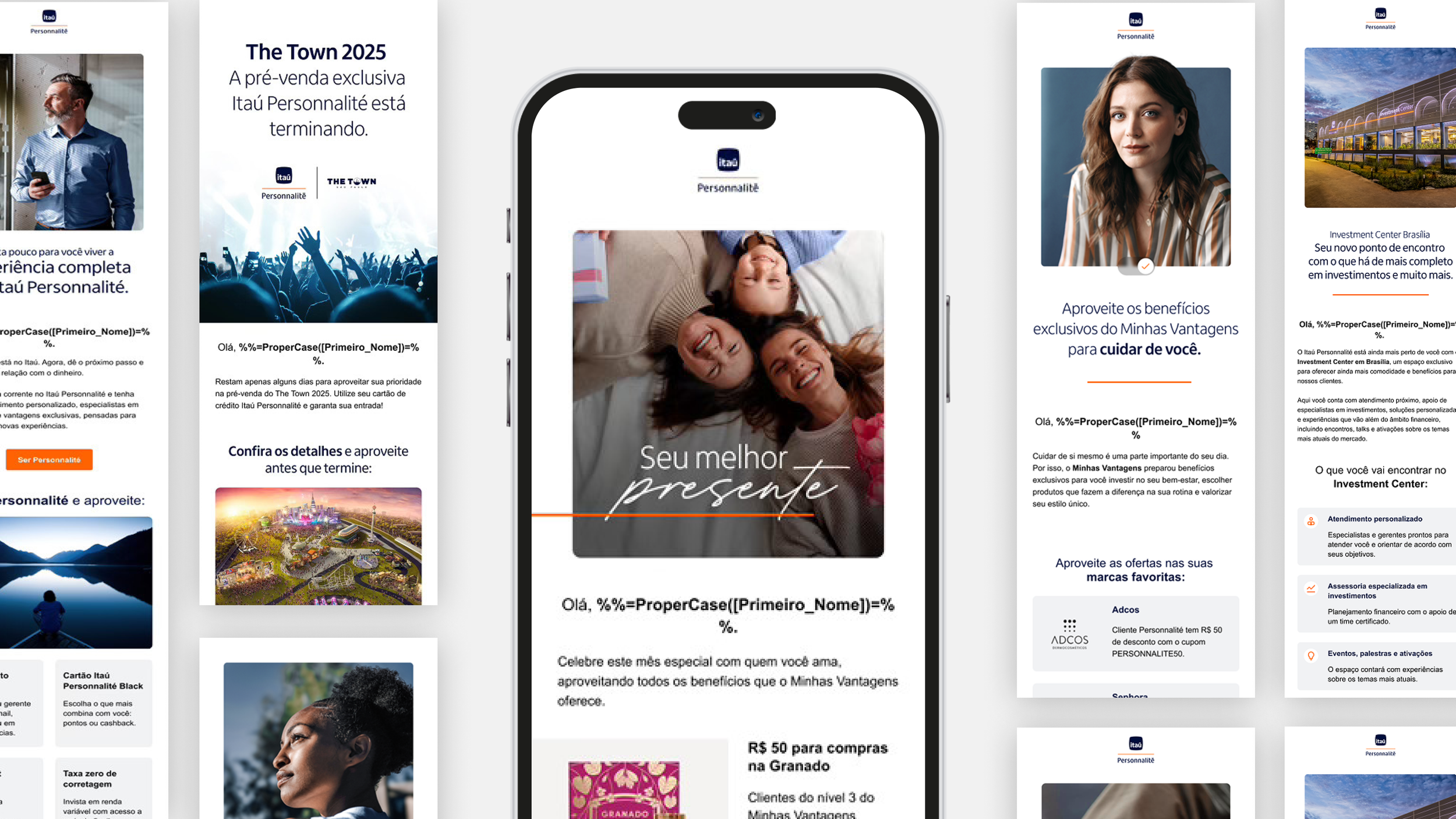 Imagem de uma página de material promocional do Itaú Personnalité, apresentando detalhes sobre pré-venda do evento The Town 2025, com fotos de pessoas, uma mulher e uma criança, e informações sobre benefícios e ofertas do produto.