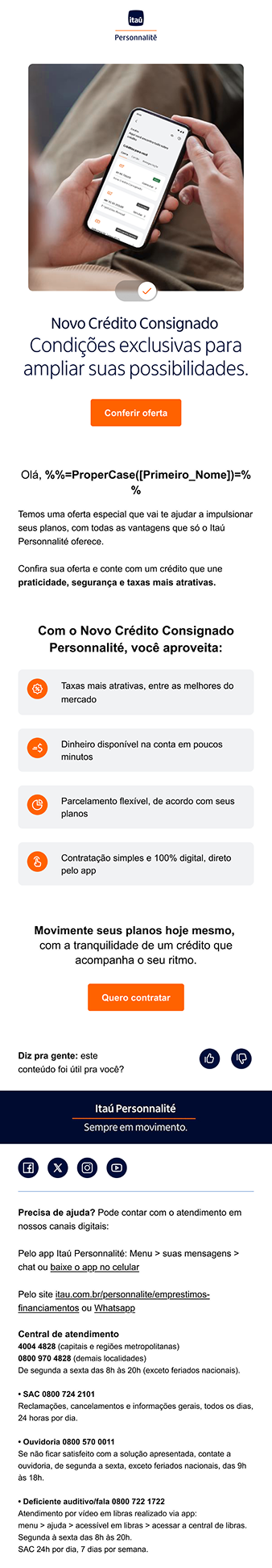 Imagem de um celular sendo segurado por uma pessoa, exibindo uma oferta de crédito consignado no aplicativo do Itaú. Inclui informações sobre condições exclusivas e vantagens do novo crédito consignado pessoais do Itaú.