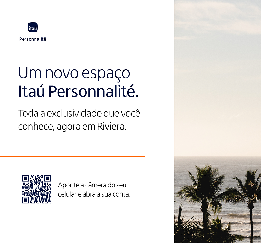 Anúncio de abertura de nova agência do Itaú Personnalité na Riviera, com uma foto de coqueiros na praia ao fundo.