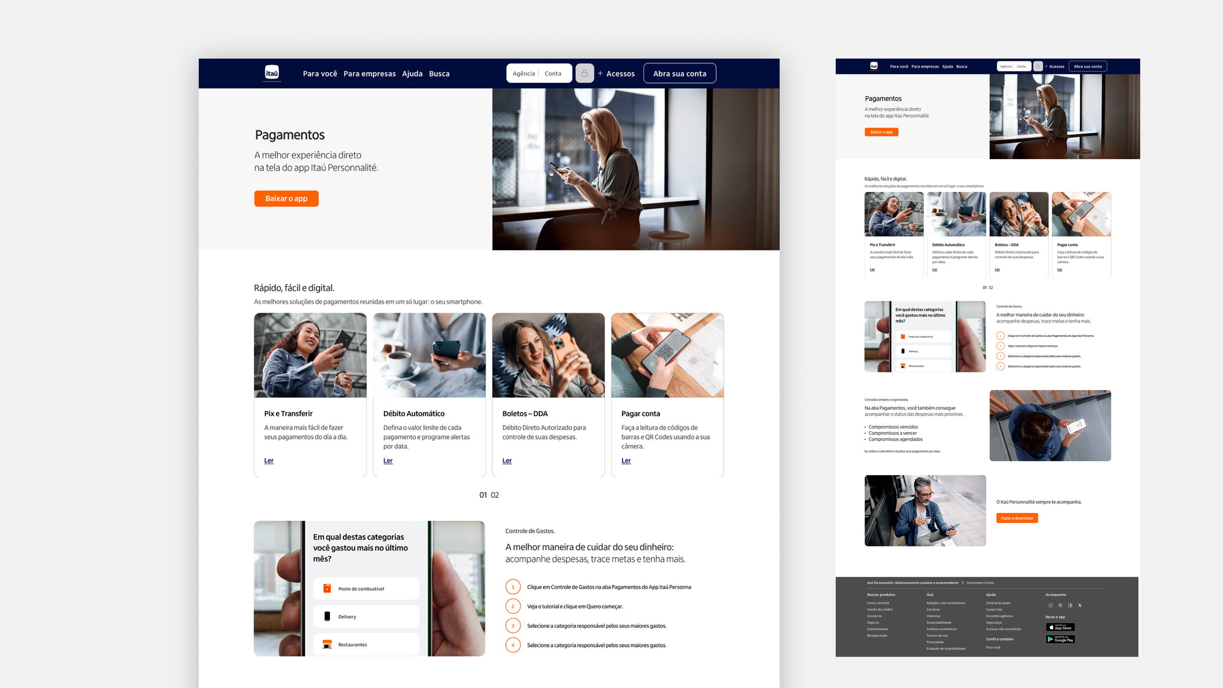 Tela de site de banco digital Itaú com informações sobre pagamentos, opções de pagamento por QR Code, débito automático, boletos e controle de gastos, com imagens de pessoas usando smartphones.
