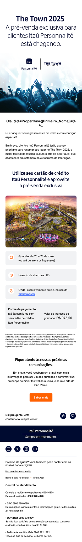 Infográfico promocional do evento 'The Town 2025', exclusivo para clientes Itaú Personnalité, com detalhes sobre pré-venda, datas, local, pagamento, valor do ingresso, e contatos de atendimento.
