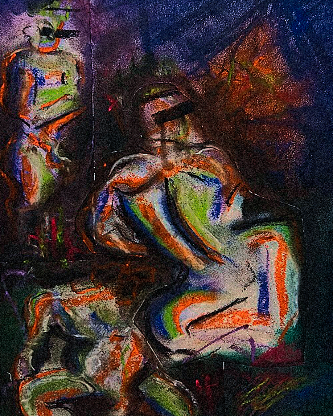 Arte abstrata colorida de uma mulher sentada de perfil, com destaque para as cores vibrantes e traços expressivos.