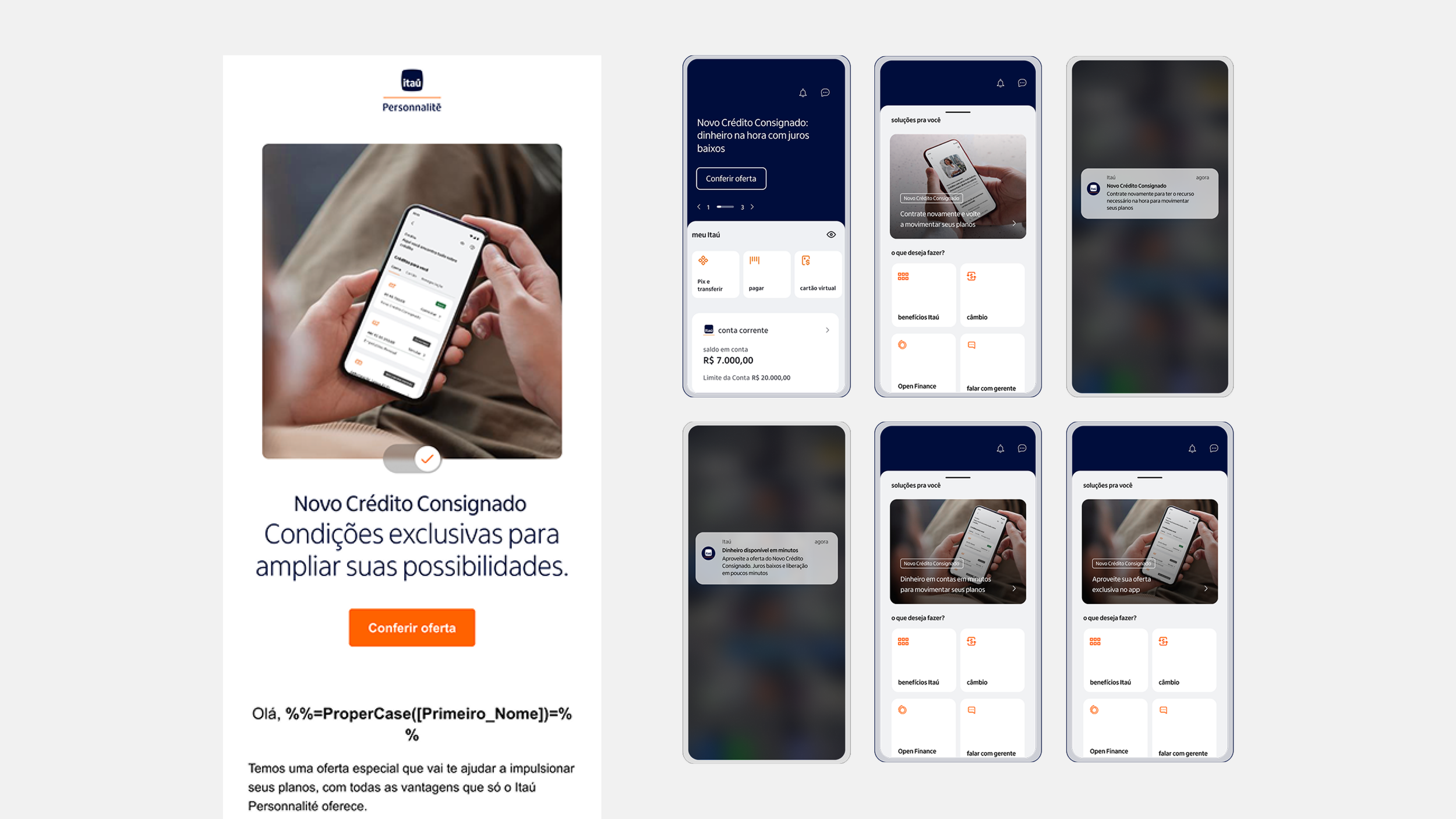Imagem de uma tela promocional do Itaú Personnalité oferecendo condições exclusivas de cartão de crédito consignado, com uma chamada para conferir a oferta e um botão laranja para ação. Ao lado, captura de telas de um aplicativo móvel do Itaú mostran