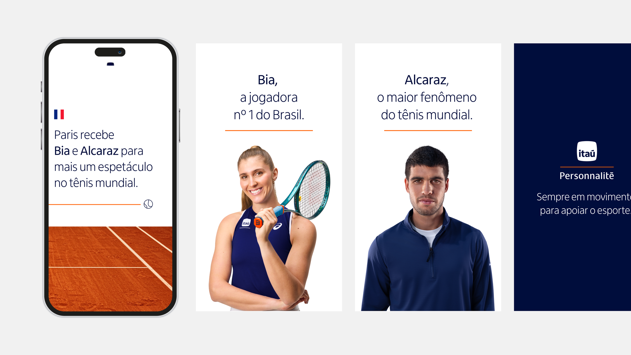 Imagem de um celular mostrando uma campanha da Itaú com textos em português sobre o tênis e figuras de uma jogadora e um jogador de tênis, com o logo do Itaú e uma descrição sobre a personalidade da marca.