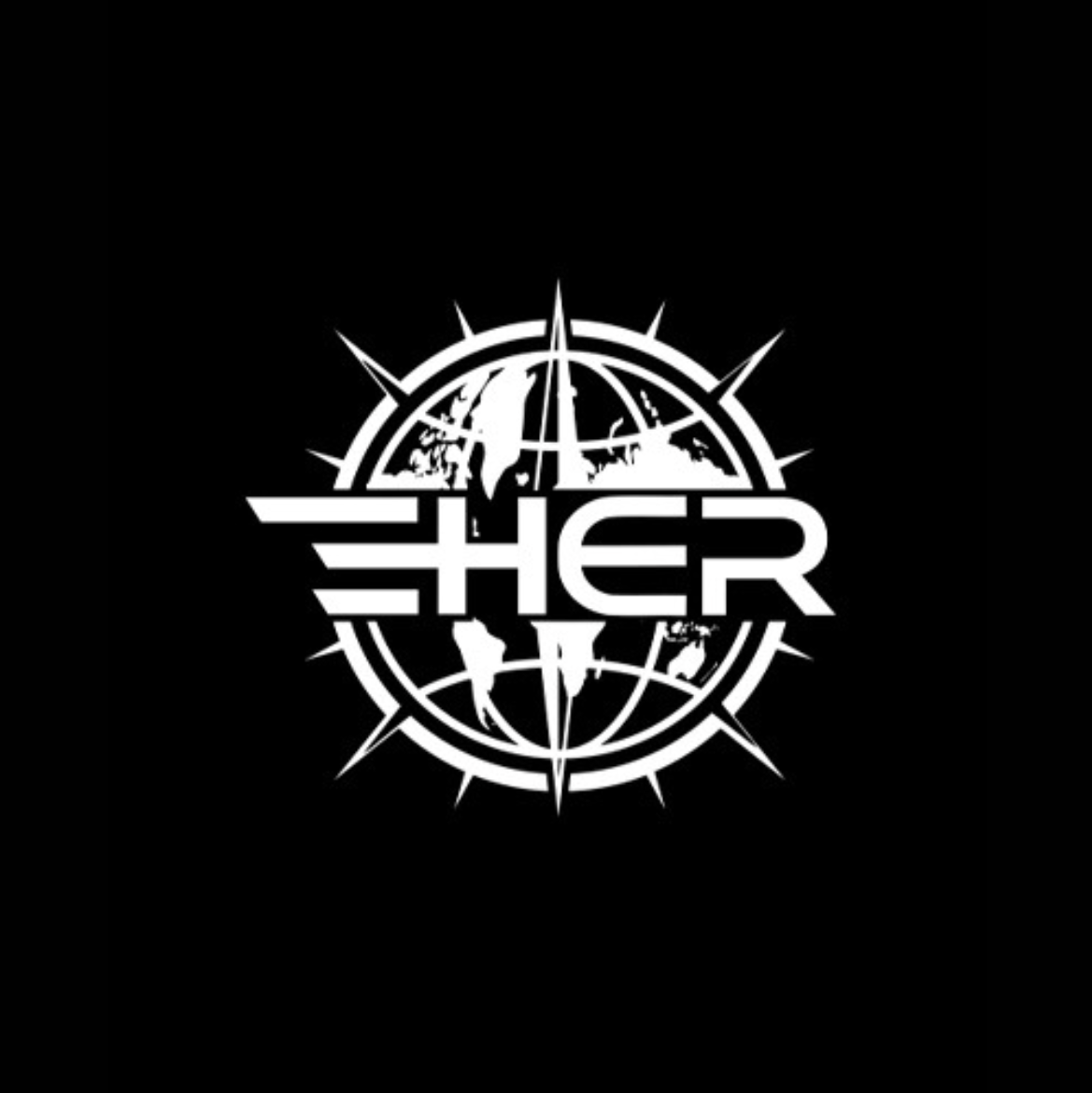 Black background with a white globe and compass rose design, and the word 'SHER' in bold, stylized font across the center.