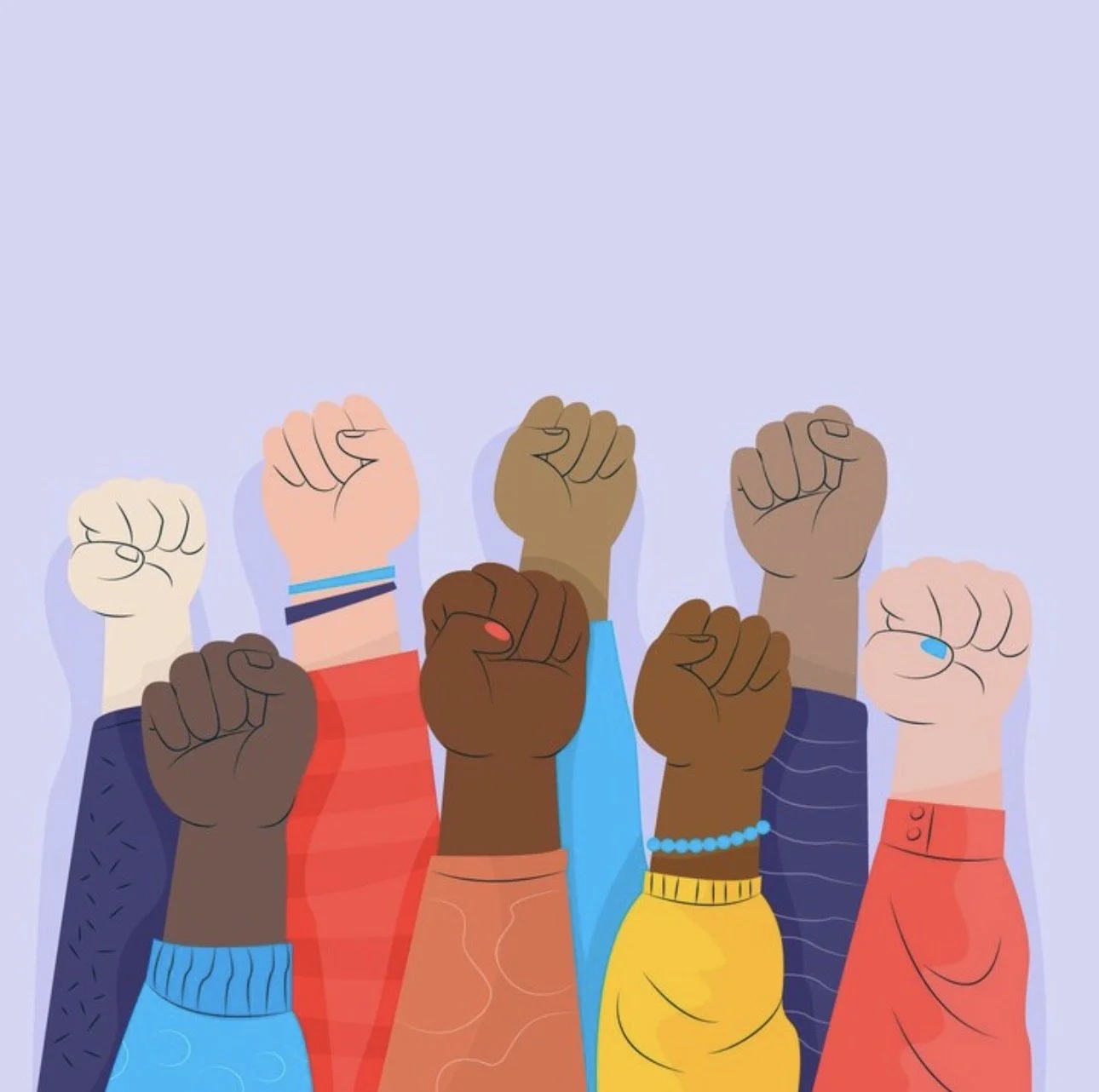Several diverse fists raised in a gesture of solidarity against a light purple background.