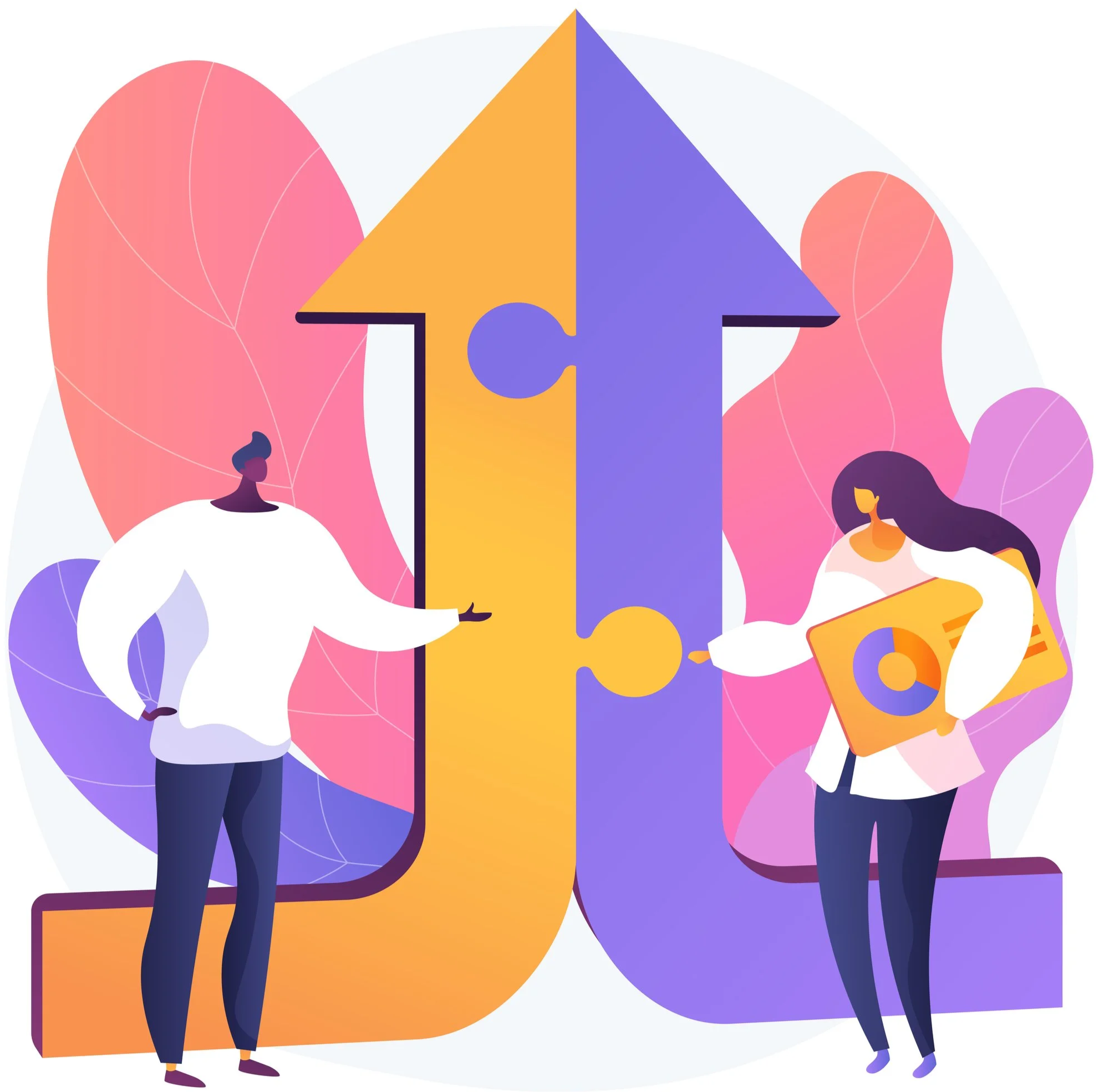 Illustration of two people connecting puzzle pieces with upward arrows, symbolizing collaboration or growth.