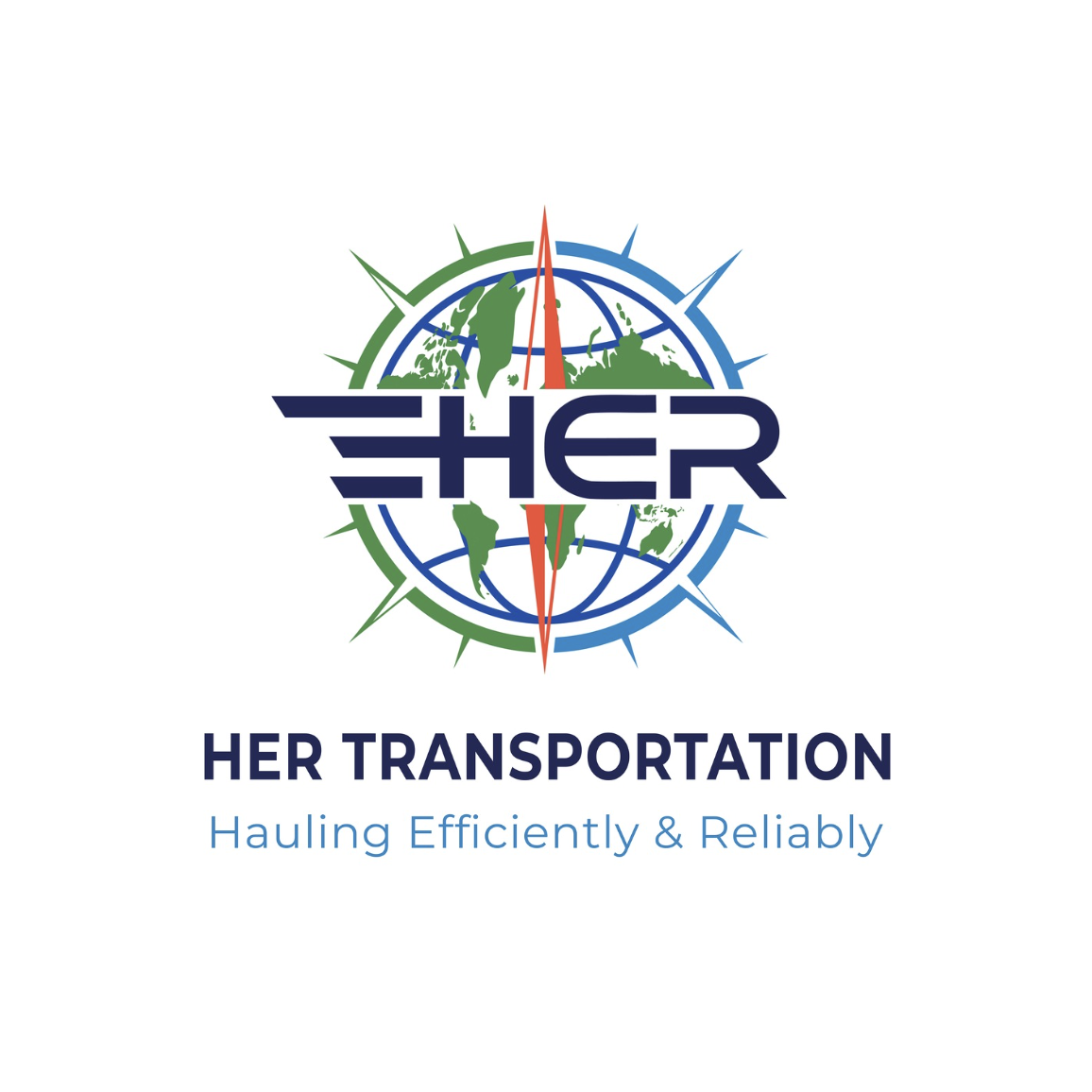 Logo for HER Transportation featuring a globe with North and South America, Africa, and Europe, overlaid with the word HER in bold navy blue, with the tagline "Hauling Efficiently & Reliably" underneath.
