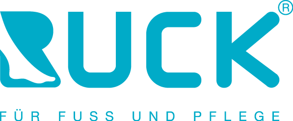 Logo mit dem Text 'RUCK' in blauer Farbe und darunter 'FÜR FUSS UND PFLEGE'.