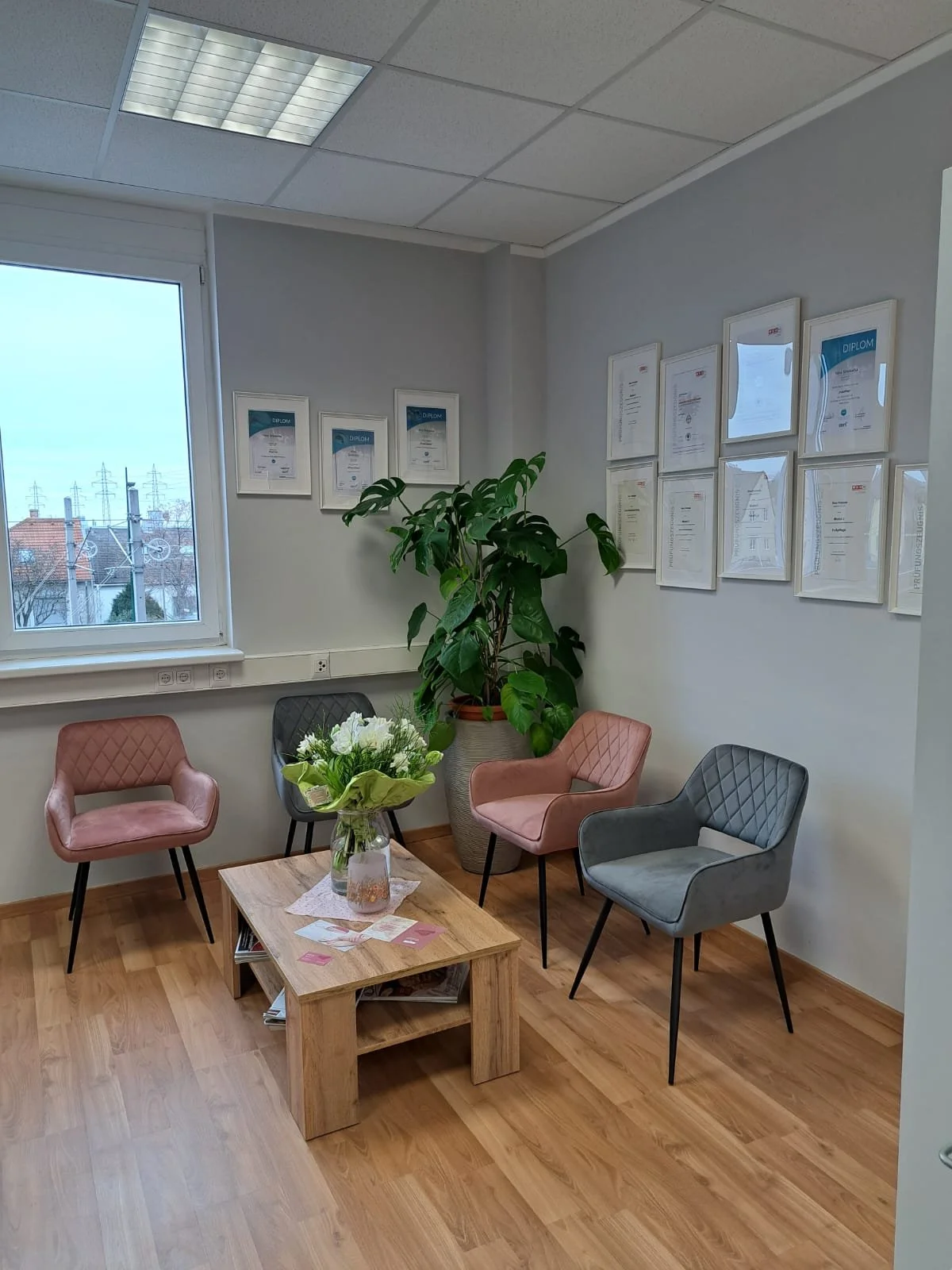 Wartezimmer mit vier Stühlen, einem Holztisch mit Blumen, einer Zimmerpflanze und aufgerahmten Diplomen an der Wand im Hintergrund.