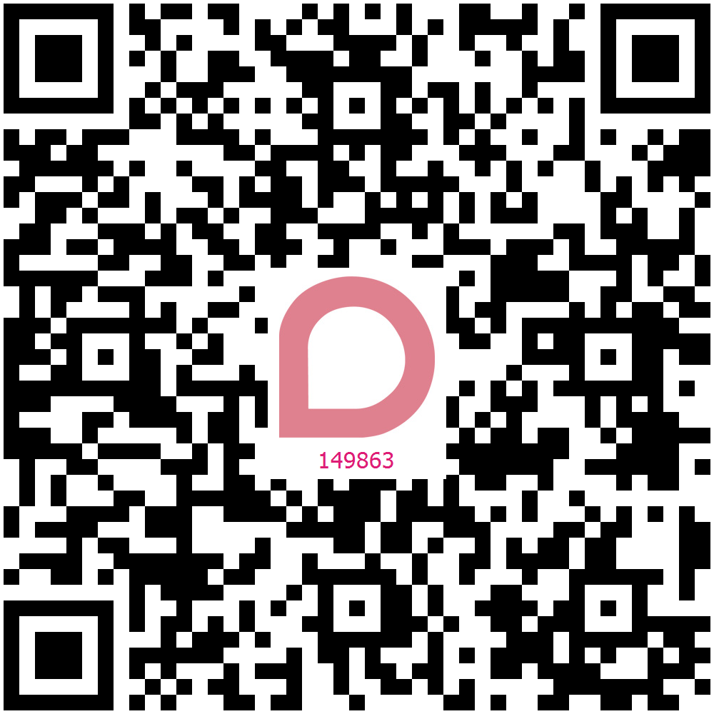 QR-Code mit einem großen rosa Buchstaben 'D' in der Mitte und der Zahl '149863' darunter.