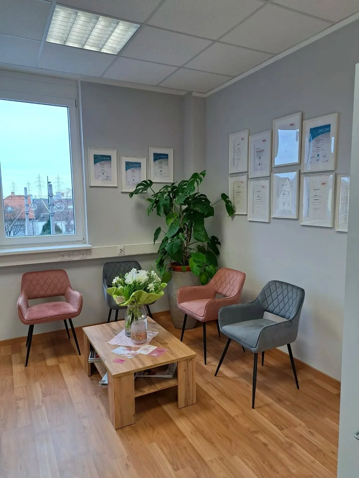 Warteraum mit vier gepolsterten Stühlen in Pastellfarben, einem kleinen Holztisch mit einem Blumenstrauß, einer Pflanze in einem großen Topf, einem Fenster mit Blick auf die Dächer und einen Himmel, sowie mehrere Diplome an der Wand.