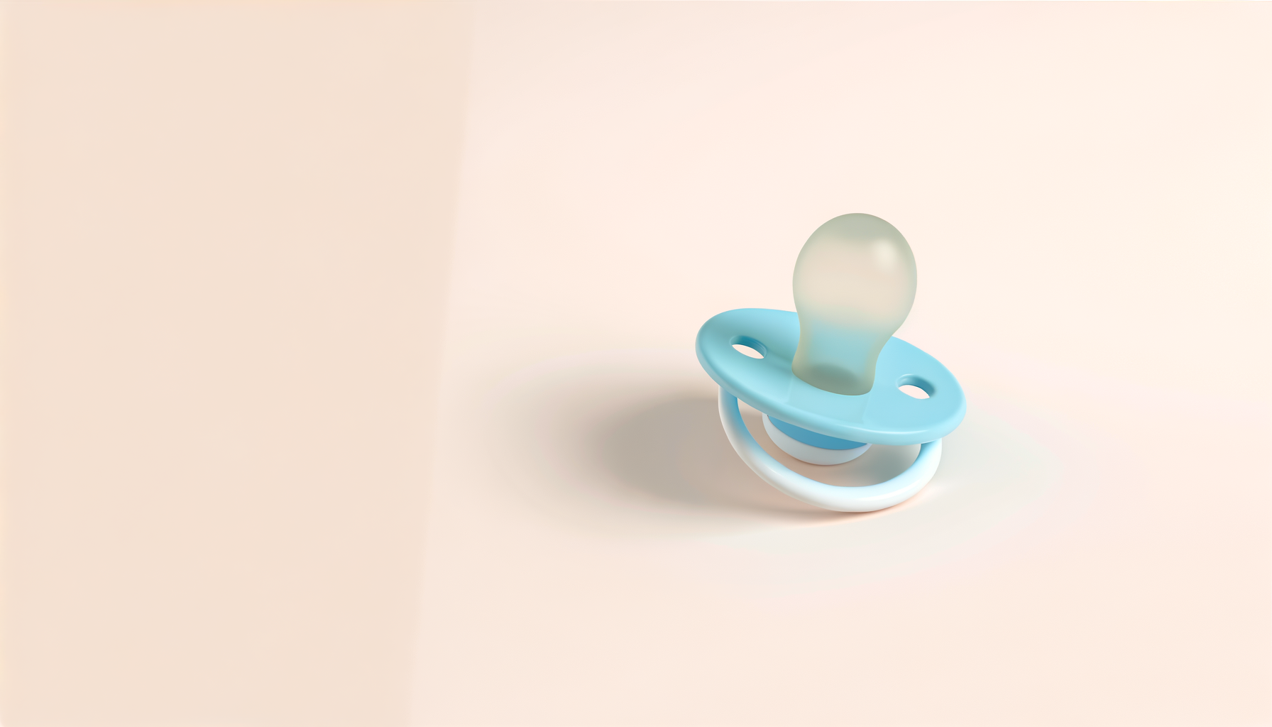 Close-up of a baby pacifier with a blue handle and a light green nipple on a soft beige background.