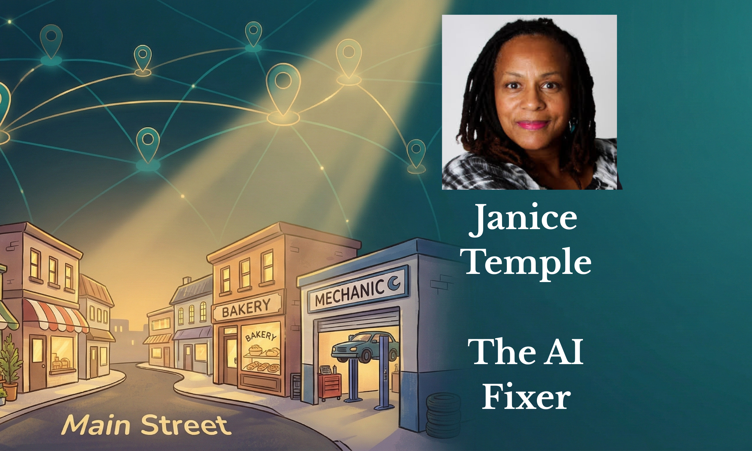 Janice Temple, the AI Fixer at Shawissto, smiling in front of local business shops. She helps small businesses in Silver Spring, MD and Washington DC increase visibility on Google, ChatGPT, and Siri.