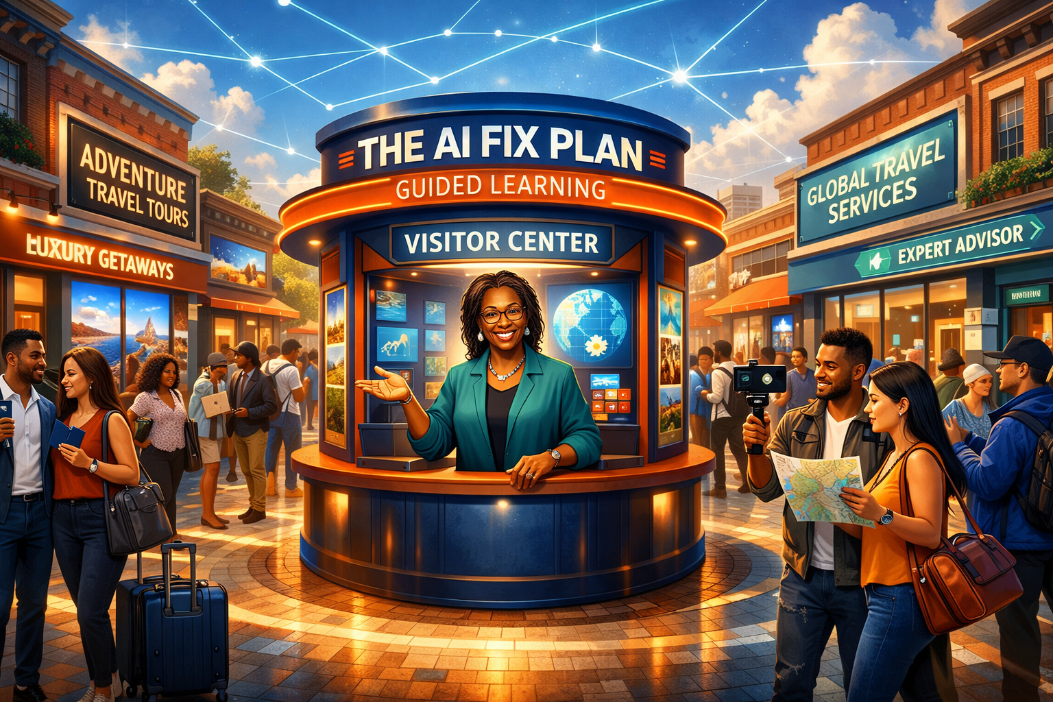 n interactive AI Fix Plan Visitor Center featuring a digital advisor (Janice Temple) helping small business owners optimize their digital footprints for AI assistants like ChatGPT and Siri in Silver Spring, Maryland.